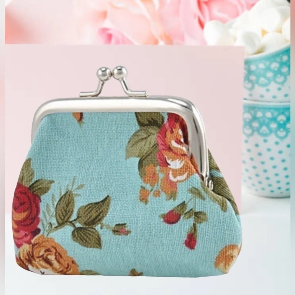 Purse Coin Bag French Kiss Clasp Storage Change Victorian Rose Floral Blue